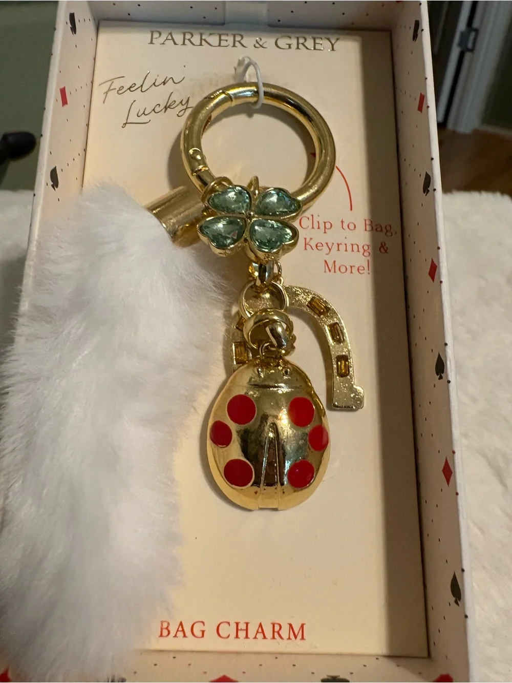 White Fur and Gold Ladybug Keychain Charm